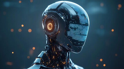 Futuristic metallic robot head with glowing orange eye in a dark blue space. Concept of Artificial Intelligence, robotics, and cyborgs