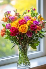 Obraz premium A vibrant bouquet of flowers in a vase, placed on a windowsill with natural light. 