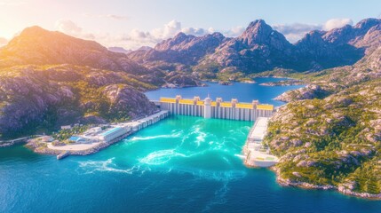 Stunning aerial view of modern hydro dam amidst majestic mountain landscape