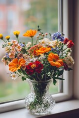 Fototapeta premium A vibrant bouquet of flowers in a vase, placed on a windowsill with natural light. 