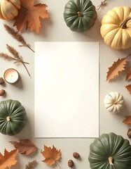 Autumn Flat Lay with Pumpkins, Leaves, and Blank Paper on Light Background for Fall Decor