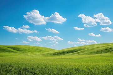 Fototapeta premium A vast, rolling green field stretches out under a bright blue sky dotted with fluffy white clouds.