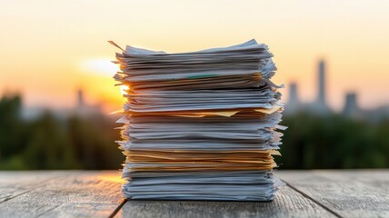 Pile of Broken Paper Stacks Against Sunset Background