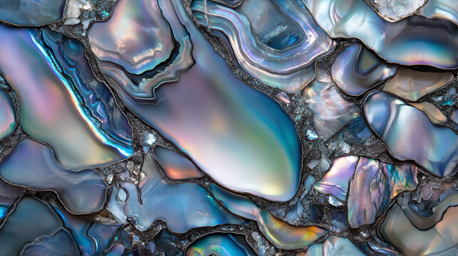 Artistic abalone shell as background, showcasing its iridescent colors and intricate patterns.