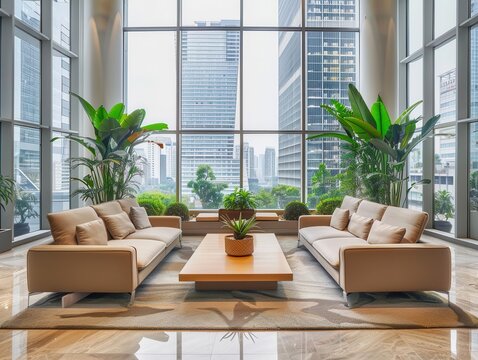 serene and modern office relaxation area with plush sofas, lush plants, and large windows overlooking a cityscape