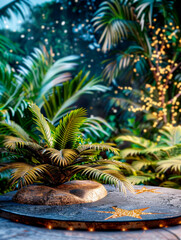 Fototapeta premium Beautiful tropical palm leaves on stone in garden