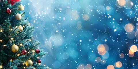 Fototapeta premium Step into the magical atmosphere of a Christmas tree enveloped by snowfall and twinkling lights, creating a festive spirit filled with joy and celebration during the winter season