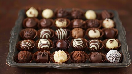 A tray of assorted chocolate truffles on a dark brown background.