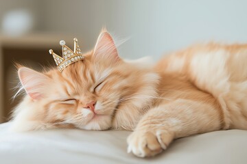 A Fluffy Persian Cat Lounging on a Silk Pillow With a Tiny Jeweled Crown Perched Perfectly on Its Head