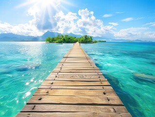 Fototapeta premium serene wooden pier extending into crystal-clear turquoise waters, lush tropical island and azure sky in the background, sunlight sparkling on gentle waves