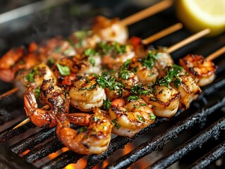 Fototapeta premium sizzling seafood spectacle succulent grilled shrimp skewers on a flame-kissed grill. smoky aroma and charred perfection, garnished with fresh herbs and zesty lemon.