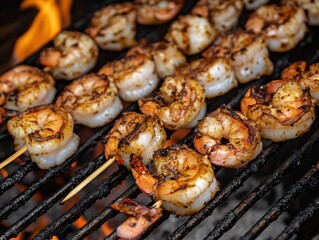 sizzling shrimp skewers on a blazing grill, infused with cajun spices. succulent shellfish glistens with a perfect char, promising a mouthwatering seafood feast.