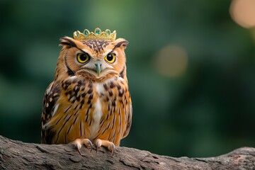 Fototapeta premium A Majestic Owl Perched on a Tree Branch at Dusk, Wearing a Golden Crown With Emeralds