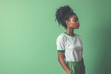Person in white t-shirt with green edges and green sweatpants, green studio background, half-body portrait