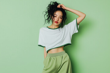 Person in white t-shirt with green edges and green sweatpants, green studio background, half-body portrait