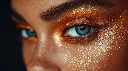 Fototapeta premium A woman's close-up face, adorned with gold glitter and blue eyeshadow