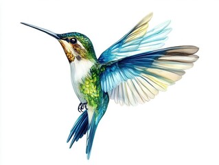 Fototapeta premium a beautifully rendered hummingbird captured mid-flight with delicate details on its feathers, set against a stark white background, symbolizing grace and freedom in nature