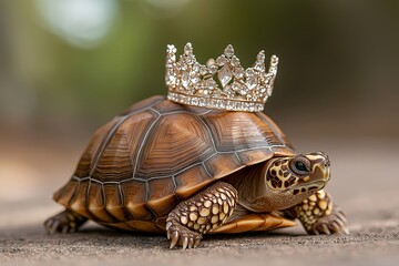 Obraz premium A Royal Tiara Resting on the Shell of a Turtle, Slowly Moving Through a Garden Path