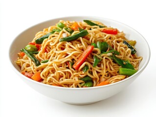 a delectable serving of hakka noodles adorned with vibrant vegetables in an elegant porcelain bowl, captured in a bright, appetizing food photography style against a white backdrop