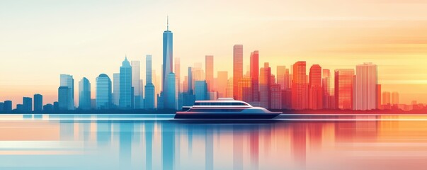 Obraz premium City skyline with a ferry sailing past, vibrant sunset colors.