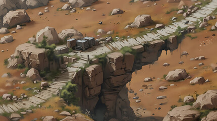 top view of mars surface with research station, colony or scientific base