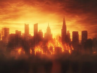 Fototapeta premium a dystopian cityscape engulfed in flames and smoke, depicting destruction and chaos, with shadowy silhouettes of buildings contrasting against the fiery sky, evoking a haunting and dramatic atmosphere
