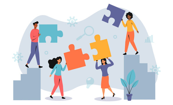 Diverse individuals collaborate on a giant puzzle in a creative workspace