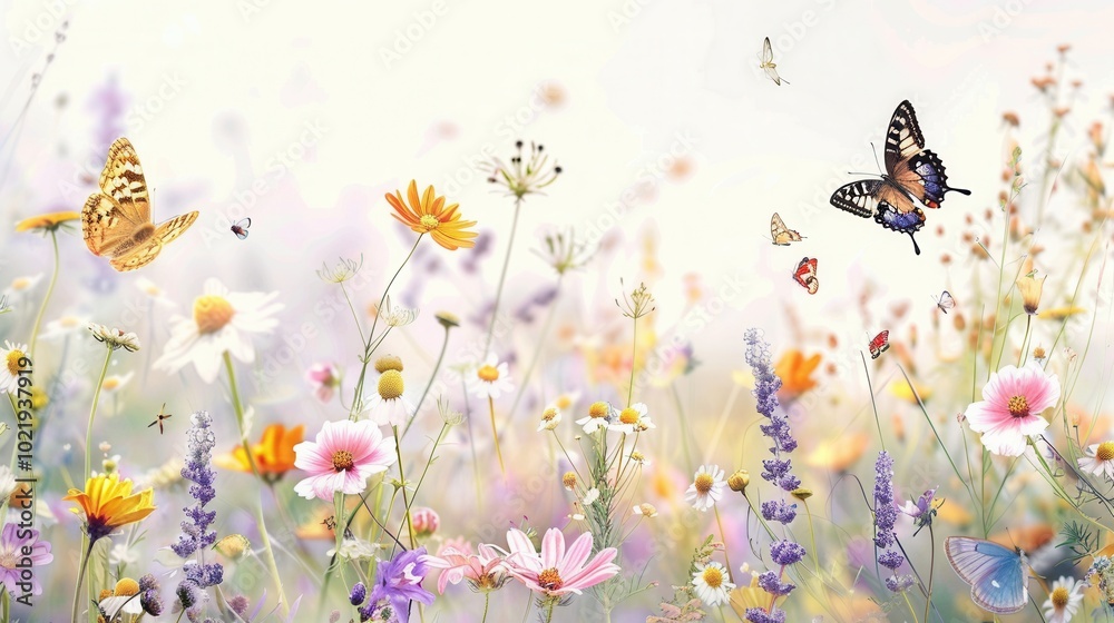 Poster A vibrant meadow bursts with colorful flowers while butterflies gracefully dance among them, enjoying the spring warmth. Generative AI