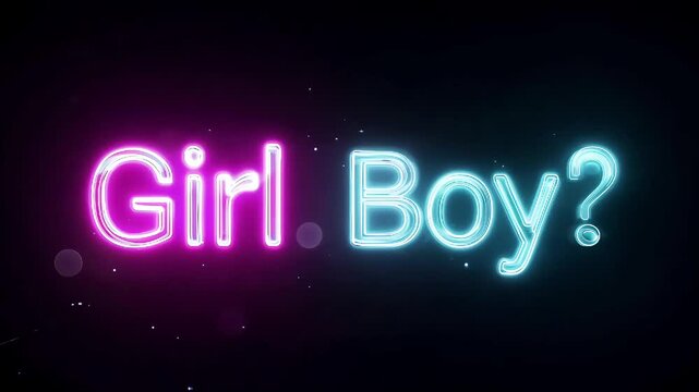 Glowing neon pink and blue text "Girl. Boy?" on a dark background, suggesting a gender reveal or question