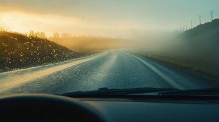 foggy road seen through fogged car windshield generative ai