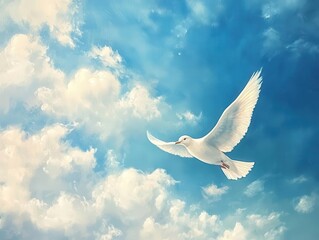 a serene painting captures the beauty of a blue sky with fluffy clouds, alongside a white bird soaring gracefully, embodying freedom and tranquility in a harmonious landscape