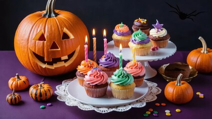 Colorful Halloween-themed cupcakes and a carved pumpkin create a festive and spooky atmosphere.