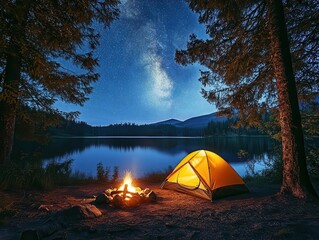 a softly illuminated tent radiates warmth by a serene lakeside campfire under a vast, starry sky, framed by towering trees creating a peaceful retreat
