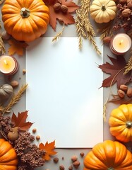 Autumn Flat Lay with Pumpkins, Leaves, Candles, and Blank Paper for Seasonal Decor on Light Background