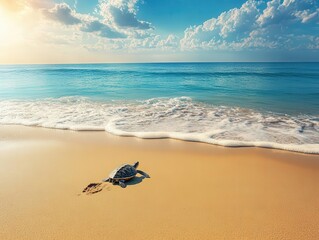 Obraz premium a turtle slowly traversing a sandy beach, the soft golden sand glistening under the warm sun as gentle waves lap at the shore, creating a peaceful, serene atmosphere perfect for contemplation