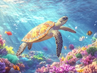 Obraz premium a tranquil underwater scene featuring a majestic sea turtle gliding among vibrant coral reefs and colorful fish, showcasing the beauty of marine life in a serene environment