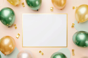 A blank white card surrounded by powder and gold balloons on light pastel background with confetti scattered around for elegant party invitation mockup template.