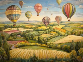 Fototapeta premium a whimsical view of hot air balloons drifting gently over a colorful patchwork of farmland, capturing the essence of tranquility and adventure in a serene countryside landscape