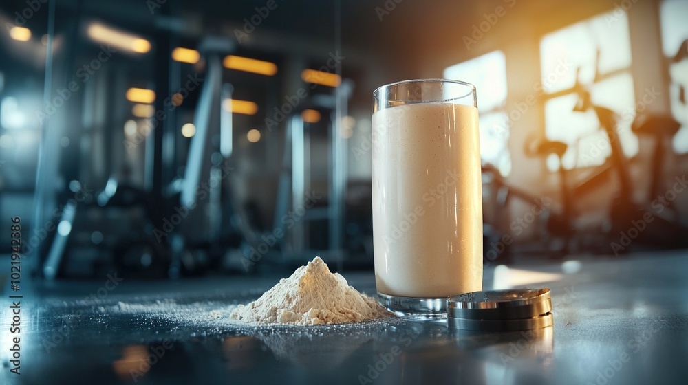 Poster   A glass of milk rests atop a table alongside a mound of powdered sugar