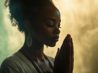 a woman in deep prayer with hands clasped together, expressing sincerity and reverence, set against a softly lit background that conveys a sense of tranquility and spiritual connection