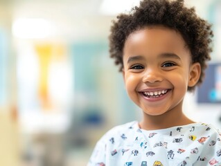a young child wearing a hospital gown smiles warmly in a pediatric ward, radiating hope and resilience amidst a bright, cheerful environment during daylight