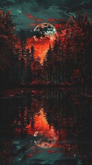 Fototapeta premium Halloween pumpkin in the woods, red sky with moon reflection on water in the...
