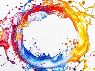 Obraz premium abstract depiction of colorful liquid motion, capturing the dynamic flow and explosion of colors in a swirling circular pattern, with paint drops prominently featured against a clean white background