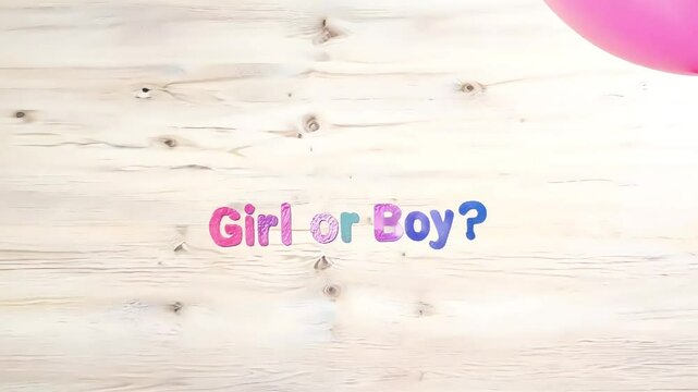 "Girl or Boy?" text in pink and blue on a light wood background, suggesting a playful gender reveal theme