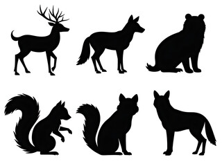 Obraz premium Black & white Silhouettes set of deer, foxes, lion and squirrels.