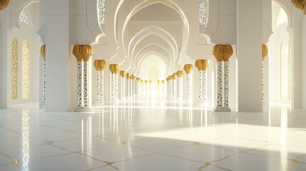 A bright, spacious corridor with intricate arches and decorative elements, evoking a serene atmosphere.