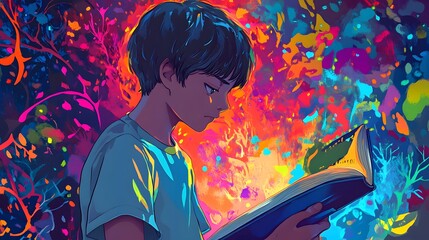 A boy with short black hair is reading an open book, with a colorful background, a close-up of his face and head, in a flat illustration style
