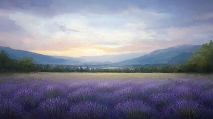 Obraz premium A painting portrays a lavender field and distant mountain range in the background In the foreground, there are lavenders
