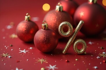 This image shows a percent sign on a red New Year's background, holiday discounts and promotions.