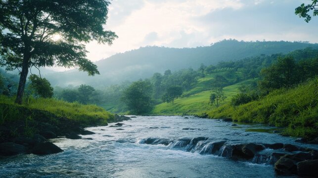 Serene Riverbank in a Lush Forest